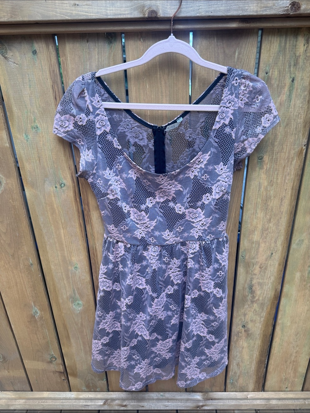 Bella D Dusty Pink Lace Mini Dress with Black Lining and See Through Back